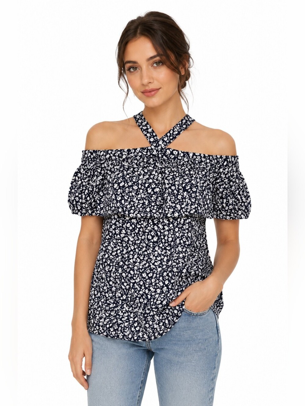 Tommy Hilfiger Floral Off-Shoulder Halter Top Romantic Feminine Size Small